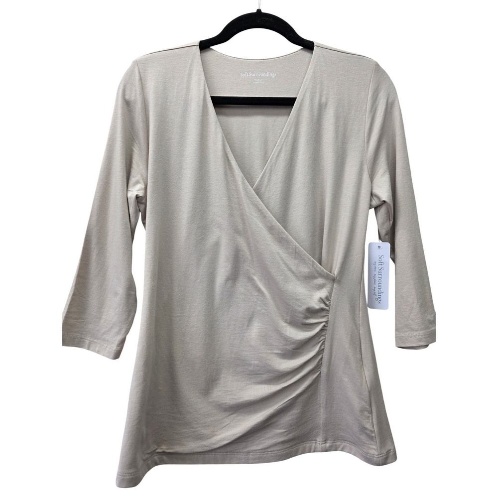 Soft Surroundings Alyssa Knit Top Faded Taupe Wrap V-Neck 3/4‎ Sleeve Medium NWT